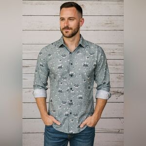 #1553 Consequence Blue & White Floral Patterned Men's Button Down Shirt SzXL